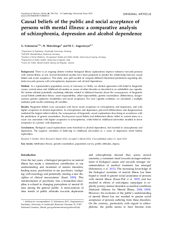 (PDF) Public Causal Beliefs and Acceptance of Mental Illness