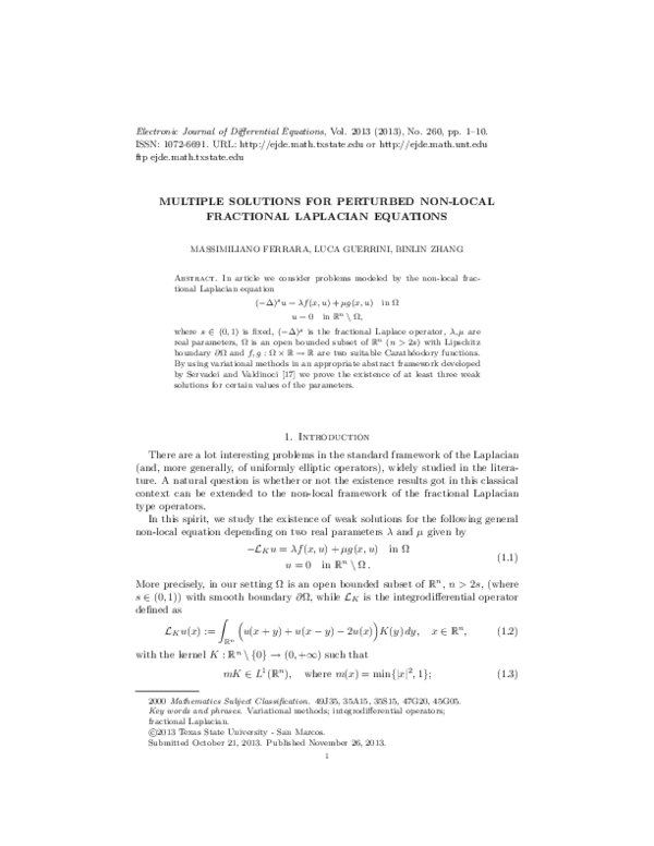 (PDF) Multiple solutions for perturbed non-local fractional Laplacian ...