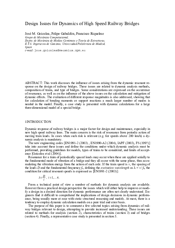 (PDF) Design issues for dynamics of high speed railway bridges