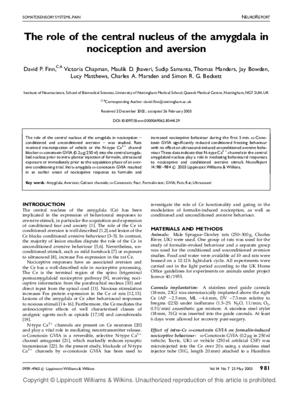 (PDF) The role of the central nucleus of the amygdala in nociception ...