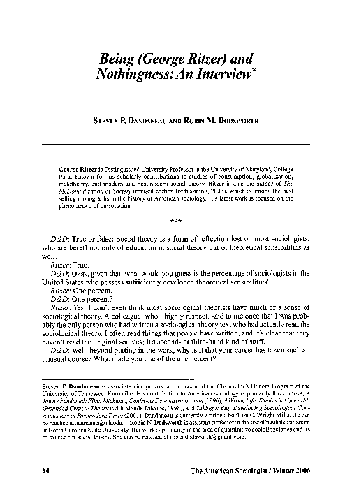 (PDF) Being (George Ritzer) and nothingness: An interview