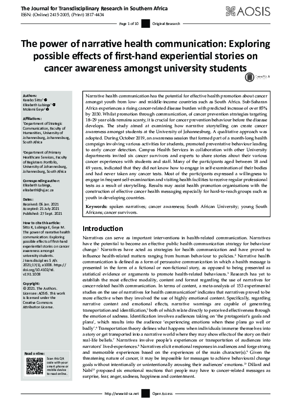 (PDF) The power of narrative health communication: Exploring possible ...