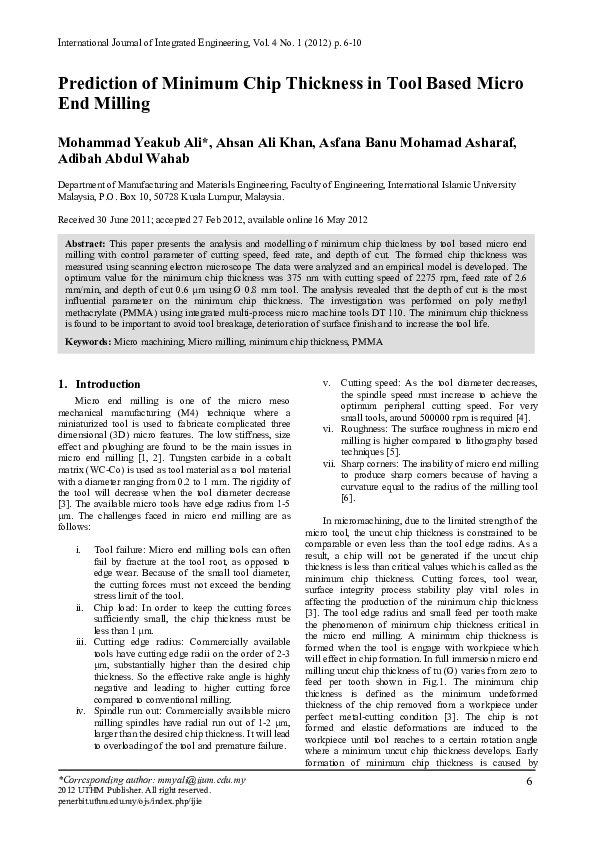 (PDF) Prediction of Minimum Chip Thickness in Tool Based Micro End Milling