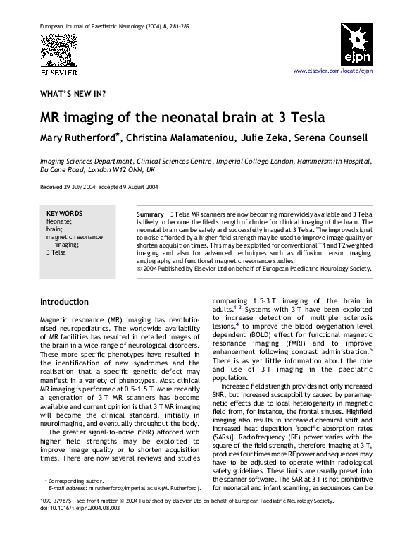 (PDF) MR imaging of the neonatal brain at 3 Tesla