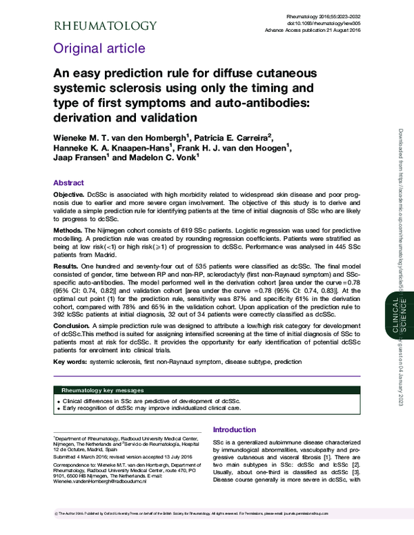 (PDF) An easy prediction rule for diffuse cutaneous systemic sclerosis ...
