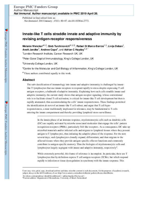 (PDF) Innate-like T cells straddle innate and adaptive immunity by ...