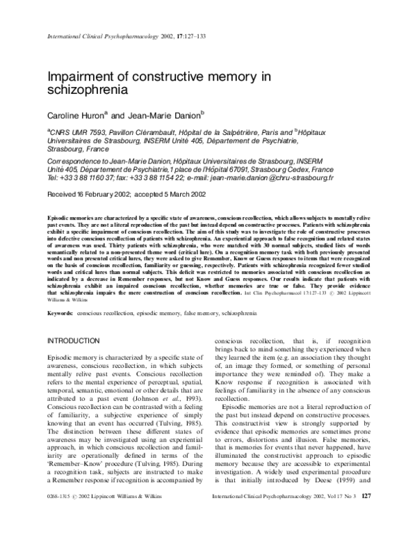 (PDF) Impairment of constructive memory in schizophrenia