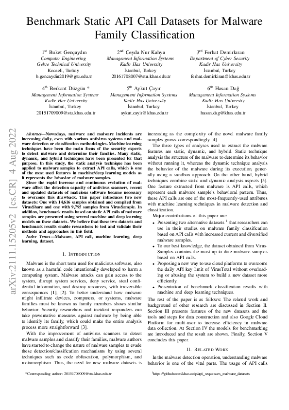 (PDF) Benchmark Static API Call Datasets for Malware Family Classification