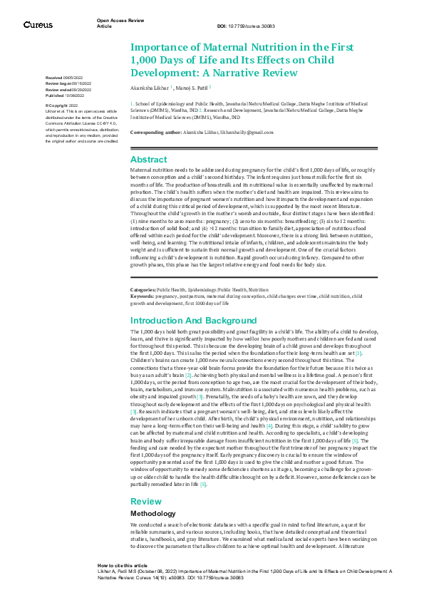 (PDF) Importance of Maternal Nutrition in the First 1,000 Days of Life ...