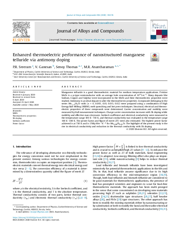 (PDF) Enhanced Thermoelectric Performance of Nanostructured Bi2Te3 ...