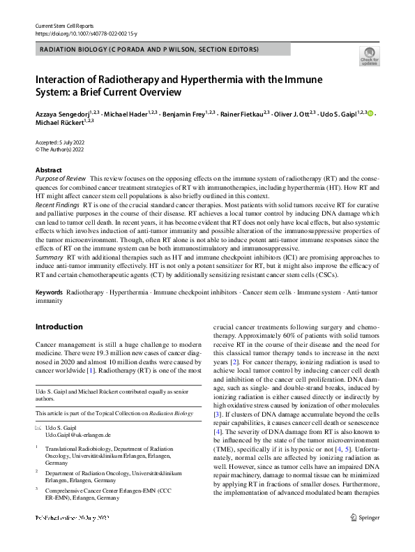 (PDF) Interaction of Radiotherapy and Hyperthermia with the Immune ...
