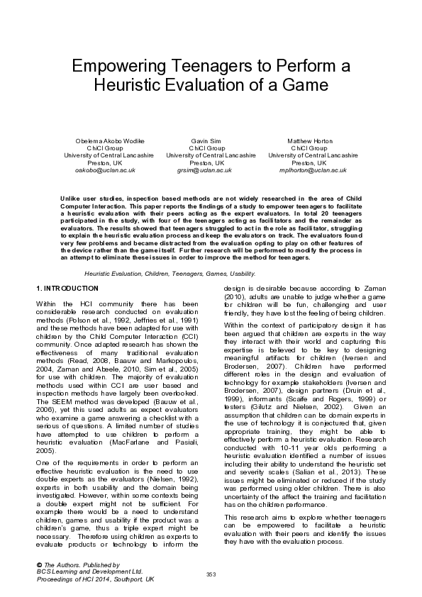 (PDF) Empowering Teenagers to Perform a Heuristic Evaluation of a Game