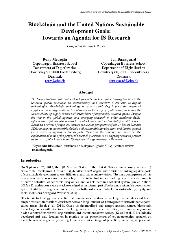 (PDF) Blockchain and the United Nations Sustainable Development Goals ...