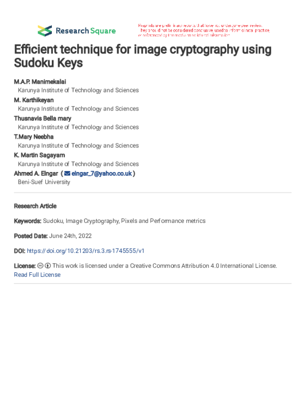  PDF Efficient Technique For Image Cryptography Using Sudoku Keys 