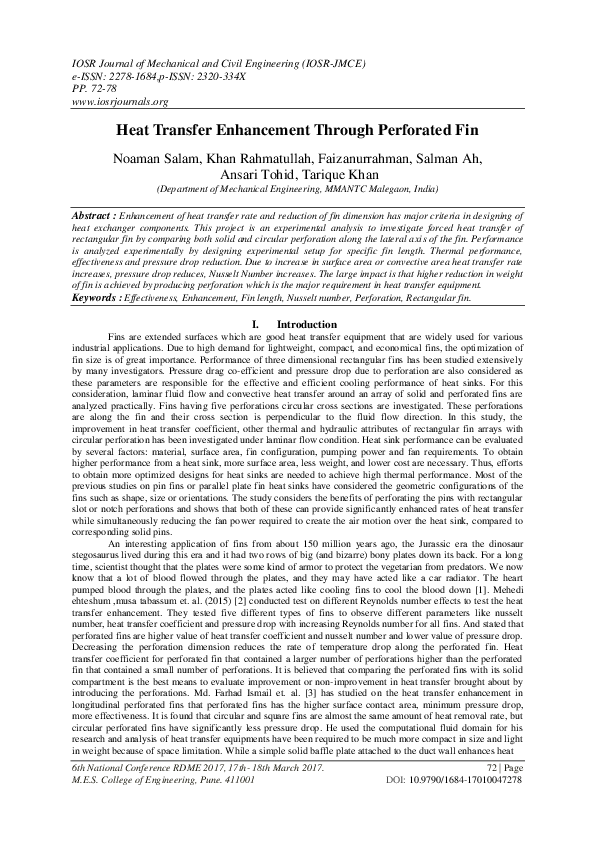 (PDF) Heat Transfer Enhancement Through Perforated Fin