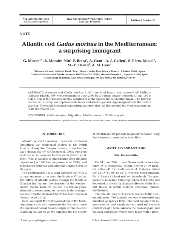 (PDF) Atlantic cod Gadus morhua in the Mediterranean: a surprising ...
