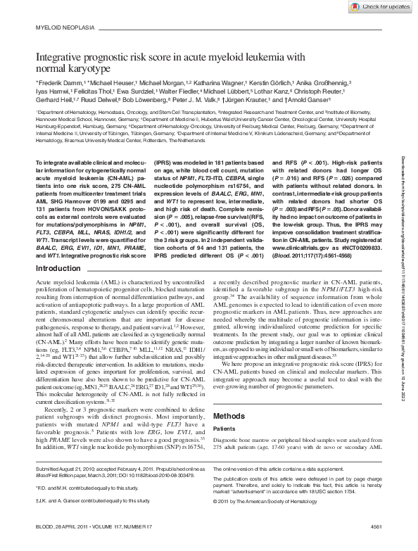 (PDF) Integrative prognostic risk score in acute myeloid leukemia with ...