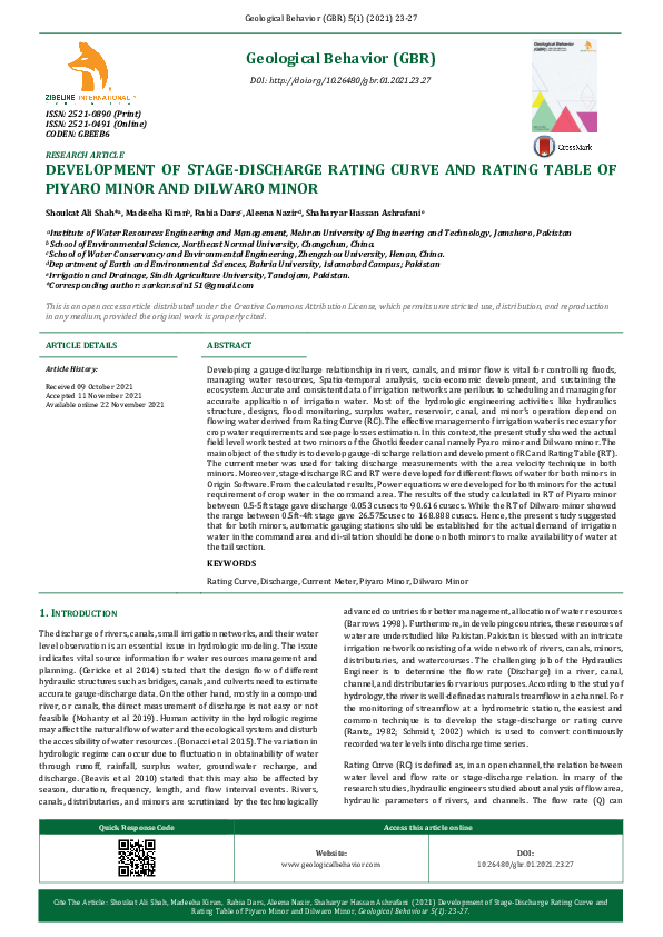 (PDF) Development of Stage-Discharge Rating Curve and Rating Table of ...