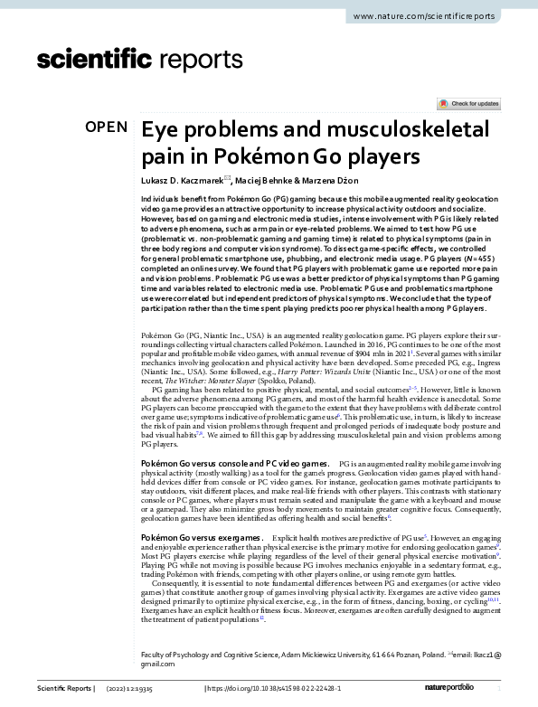 (PDF) Eye problems and musculoskeletal pain in Pokémon Go players