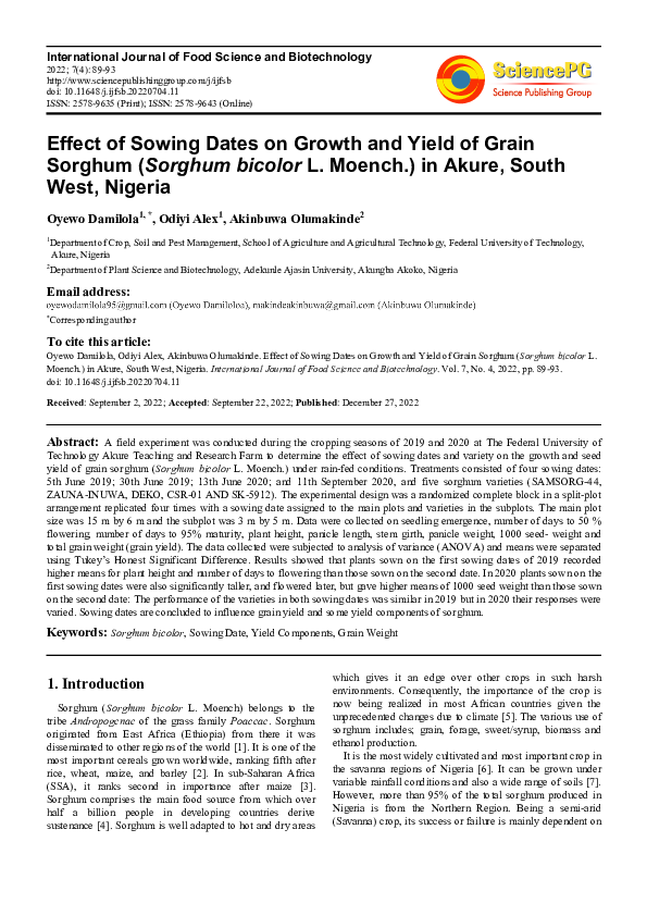 (PDF) Effect of Sowing Dates on Growth and Yield of Grain Sorghum ...