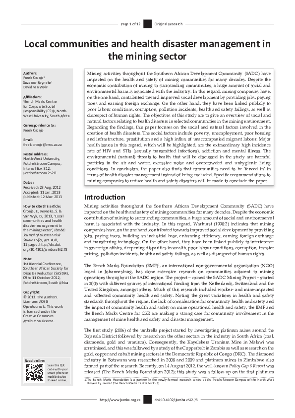 (PDF) Local communities and health disaster management in the mining sector