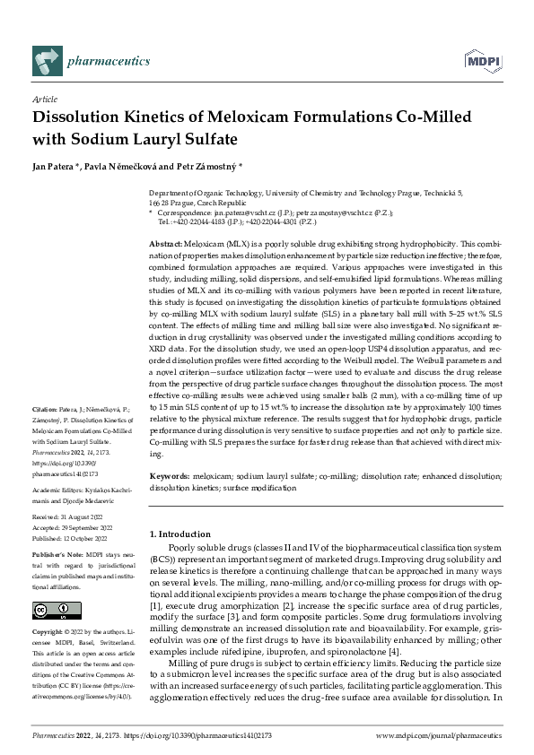(PDF) Dissolution Kinetics of Meloxicam Formulations Co-Milled with ...
