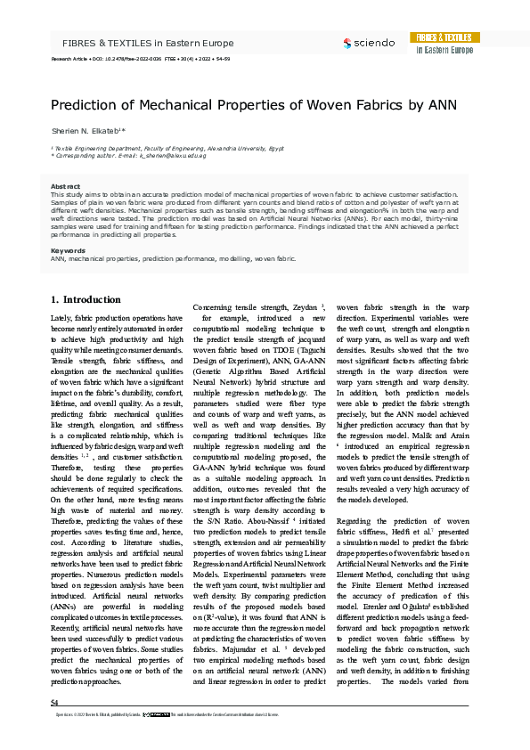 (PDF) Prediction of Mechanical Properties of Woven Fabrics by ANN