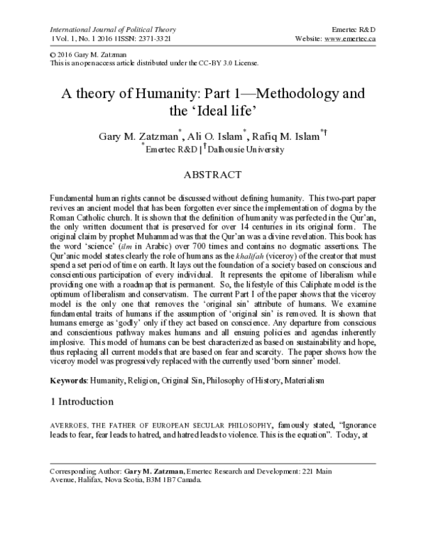 (PDF) A theory of Humanity: Part 1—Methodology and the ‘Ideal life’
