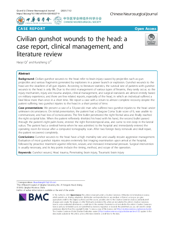 (PDF) Civilian gunshot wounds to the head: a case report, clinical ...