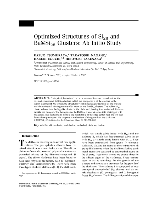 (PDF) Optimized structures of Si28 and Ba@Si28 clusters: Ab initio study