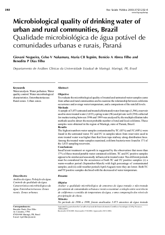 (PDF) Microbiological quality of drinking water of urban and rural ...