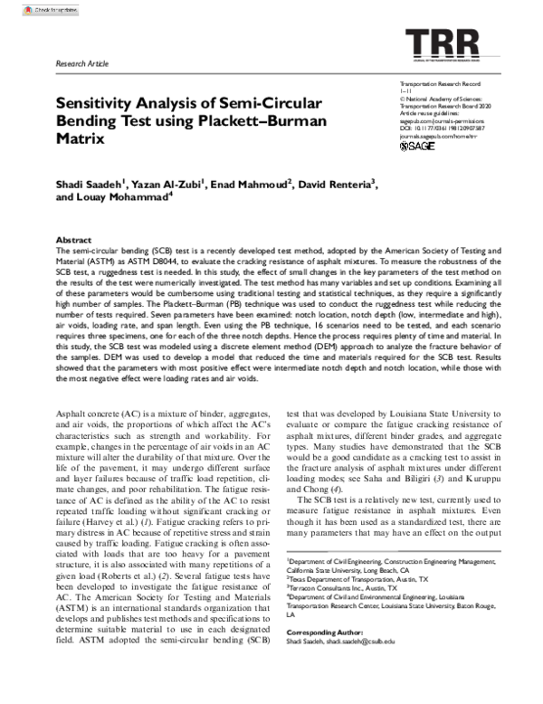 (PDF) Sensitivity Analysis of Semi-Circular Bending Test using Plackett ...