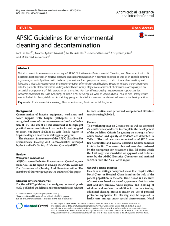 (PDF) APSIC Guidelines for environmental cleaning and decontamination