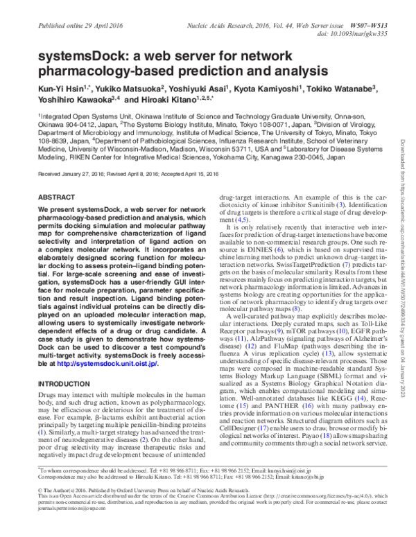 (PDF) systemsDock: a web server for network pharmacology-based ...