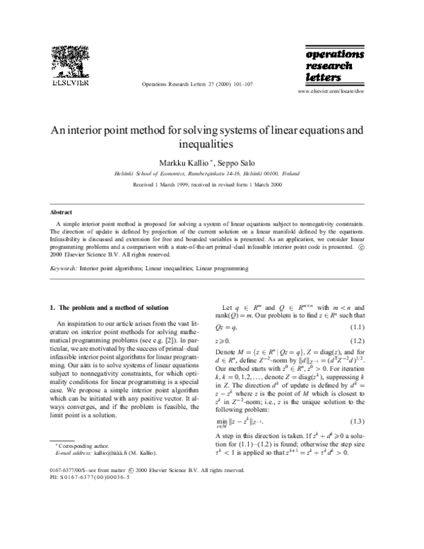 (PDF) An interior point method for solving systems of linear equations ...