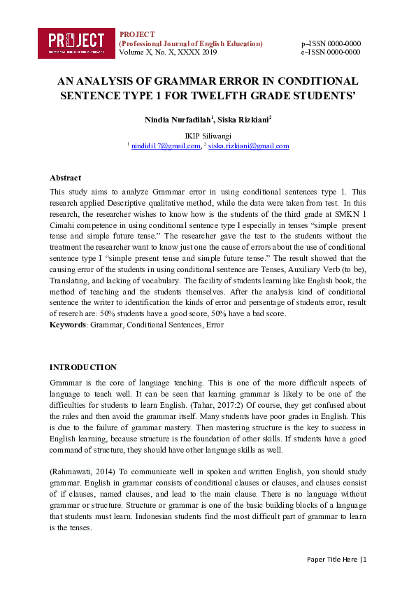 (DOC) AN ANALYSIS OF GRAMMAR ERROR IN CONDITIONAL SENTENCE TYPE 1 FOR ...