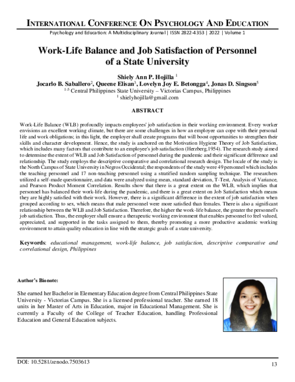 (PDF) Work-Life Balance and Job Satisfaction of Personnel of a State ...