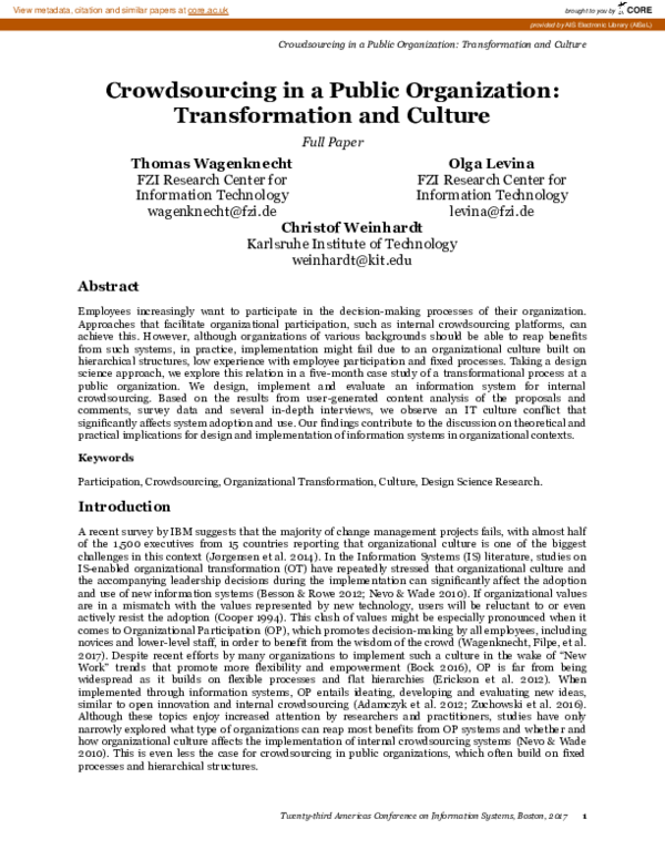 (PDF) Crowdsourcing in a Public Organization: Transformation and Culture