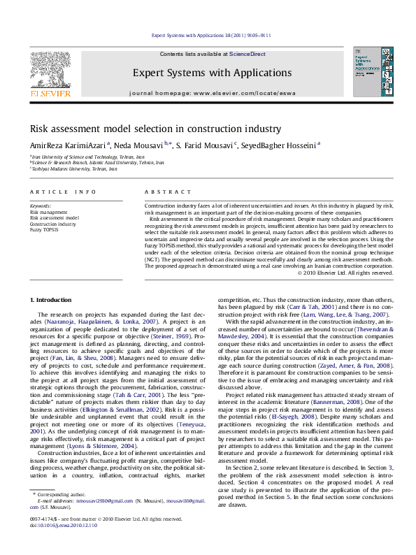 (PDF) Risk assessment model selection in construction industry