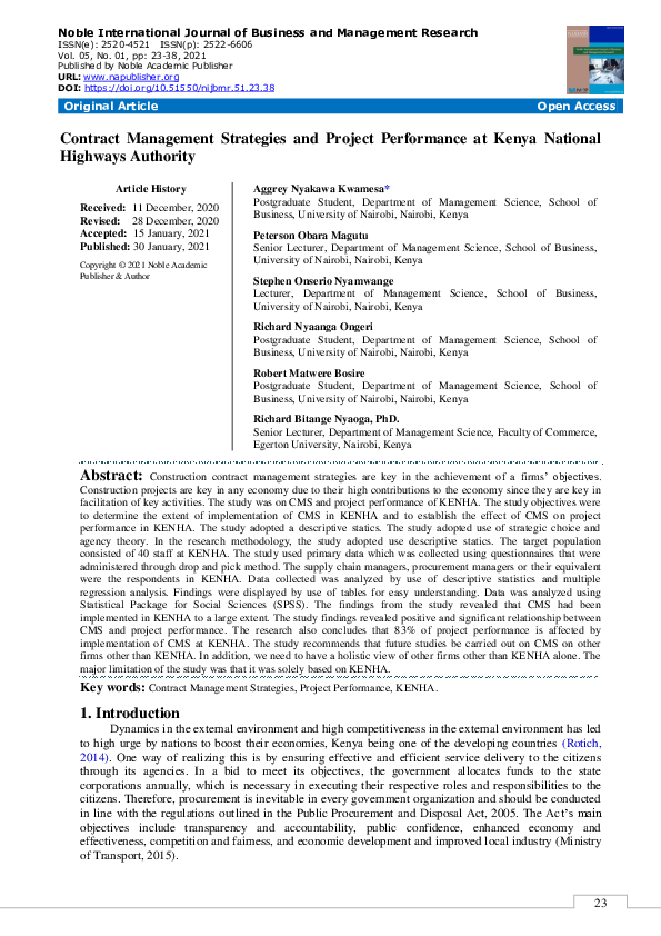  pdf contract management strategies and project performance at kenya