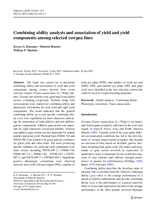 (PDF) Combining ability analysis and association of yield and yield ...
