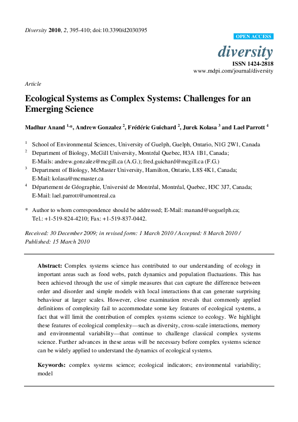 (PDF) Ecological Systems as Complex Systems: Challenges for an Emerging ...