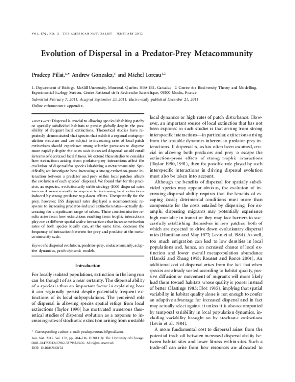 (PDF) Evolution of Dispersal in a Predator-Prey Metacommunity
