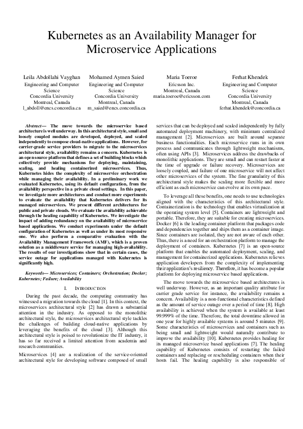 (PDF) Kubernetes as an Availability Manager for Microservice Applications