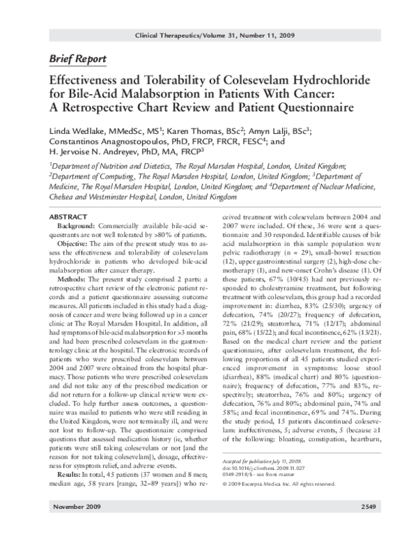 (PDF) Effectiveness and tolerability of colesevelam hydrochloride for