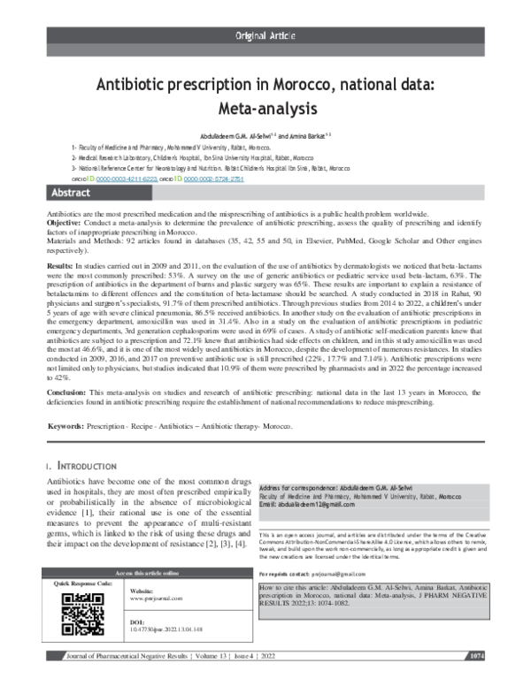 Antibiotic prescription in Morocco, national data: Meta-analysis