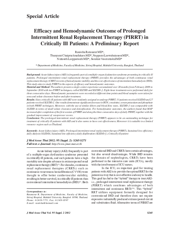 (PDF) Efficacy and hemodynamic outcome of prolonged intermittent renal ...