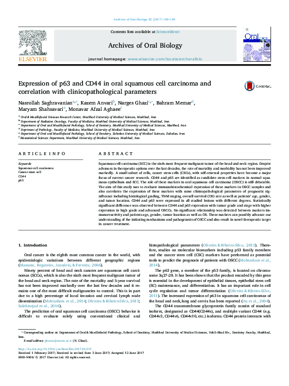 (PDF) Expression of p63 and CD44 in oral squamous cell carcinoma and ...