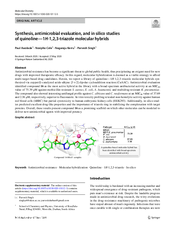 (PDF) Synthesis, Antimicrobial Evaluation and In silico Studies of ...