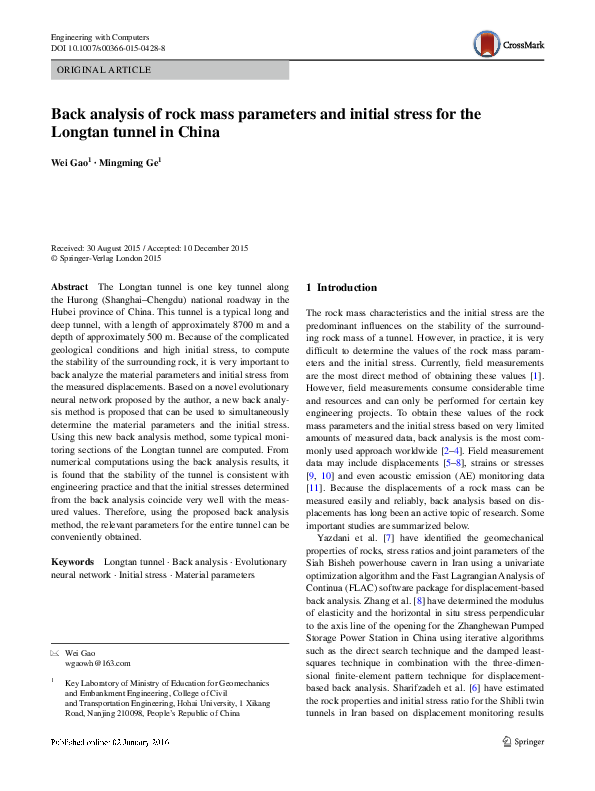 (PDF) Back analysis of rock mass parameters and initial stress for the ...
